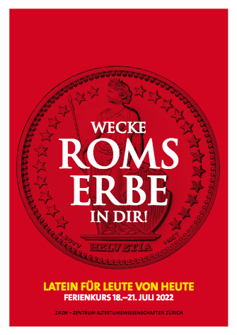 Flyer mit Münze und Titel Latein für Leute von heute. Wecke Roms Erbe in dir